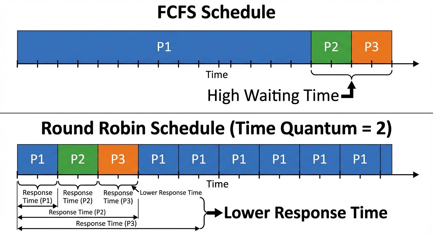A comparative diagram showing Gantt Charts for FCFS vs. Round Robin. The image should be split horiz...