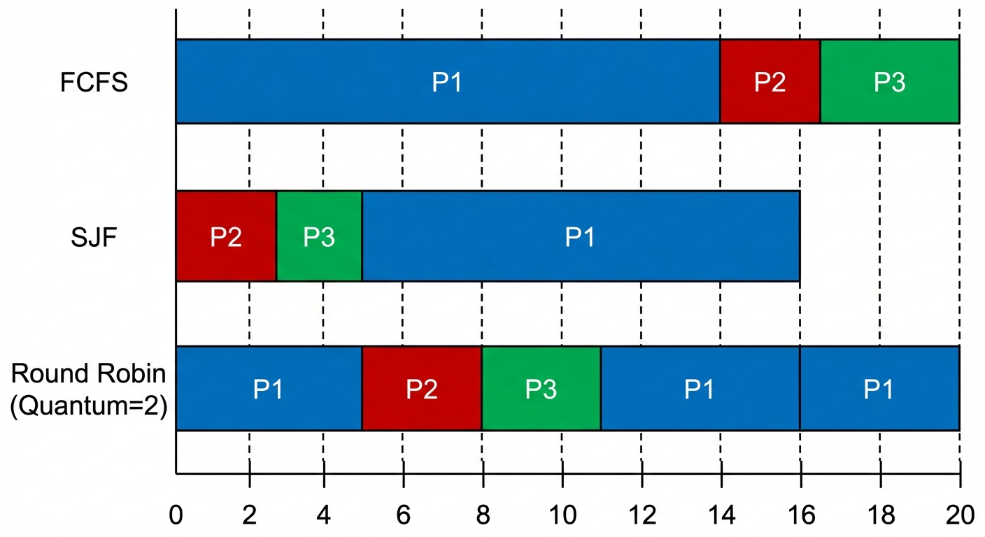A comparison diagram showing Gantt Charts for FCFS, SJF, and Round Robin. The image should feature t...