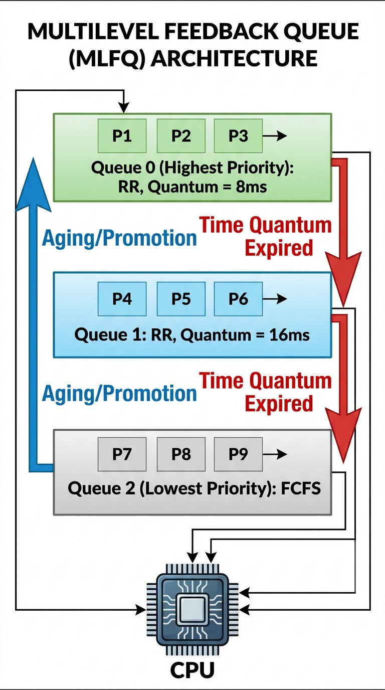A vertical diagram depicting a Multilevel Feedback Queue architecture. Show three rectangular queues...