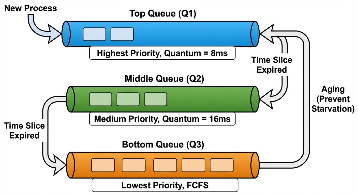 A vertical flowchart diagram depicting a Multilevel Feedback Queue (MLFQ). Show three stacked queues...