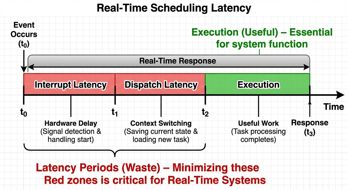 A conceptual diagram illustrating Real-Time Scheduling Latency. A horizontal timeline axis moving fr...