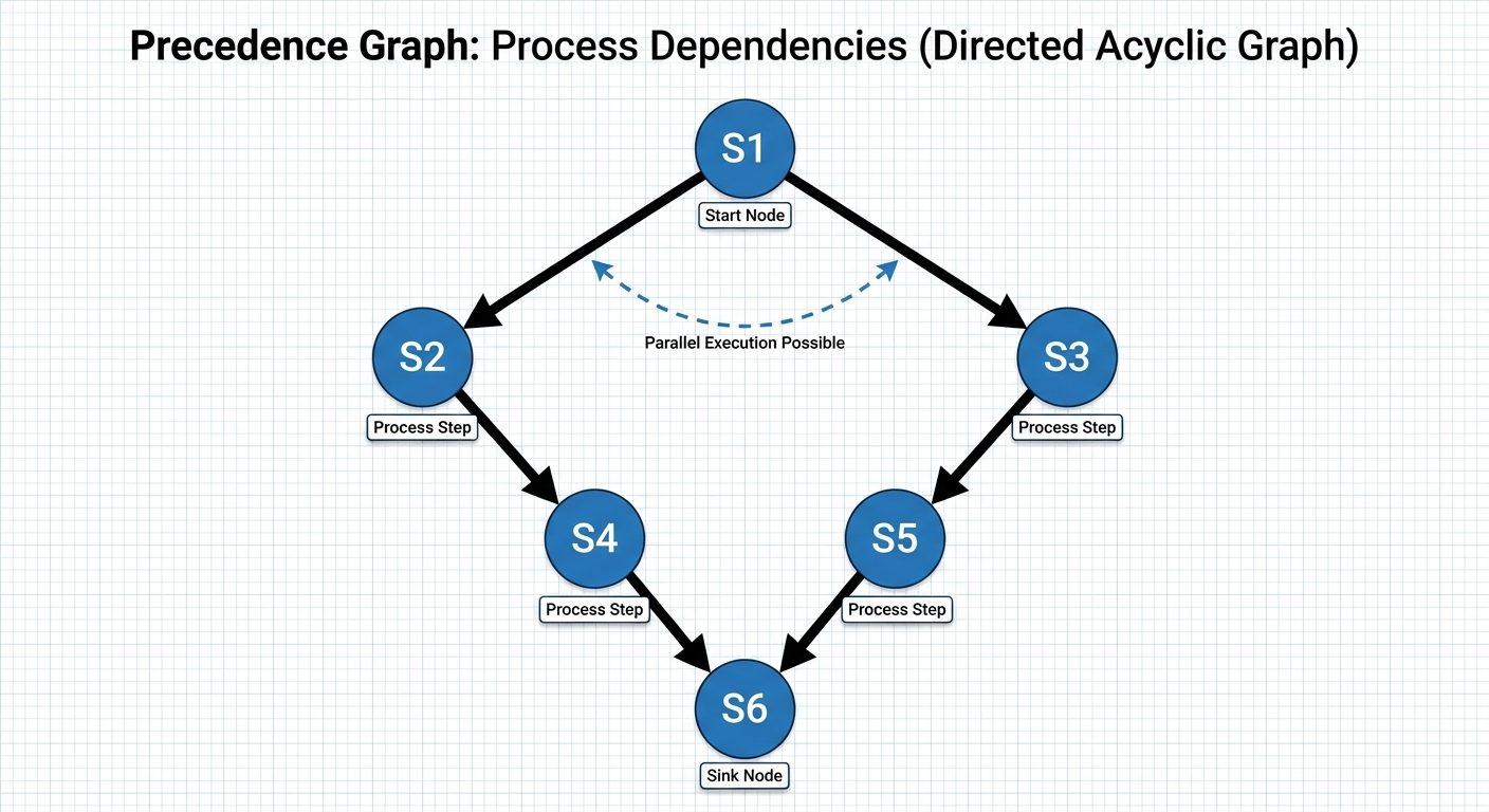 A detailed Precedence Graph diagram illustrating process dependencies. The diagram should be a Direc...