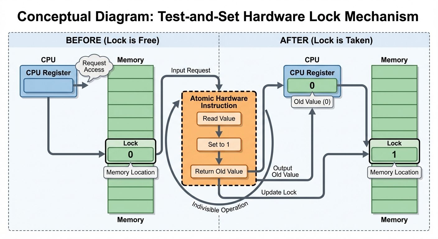 A conceptual diagram illustrating the 'Test-and-Set' hardware lock mechanism. The diagram should be ...