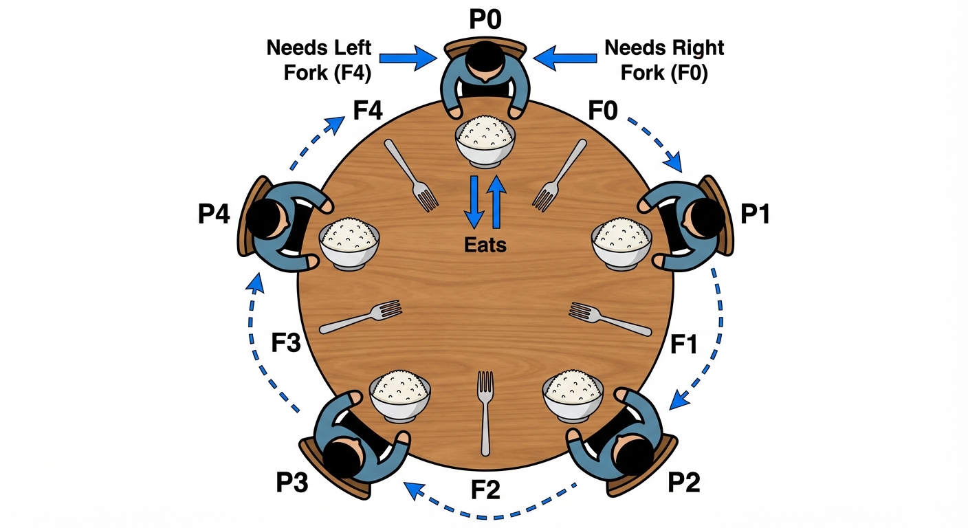 A detailed schematic diagram of the Dining Philosophers Problem. The image shows a round wooden tabl...