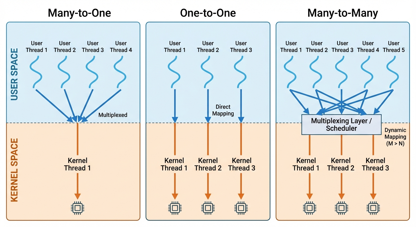 A comparison diagram consisting of three vertical panels illustrating Multithreading Models. Panel 1...