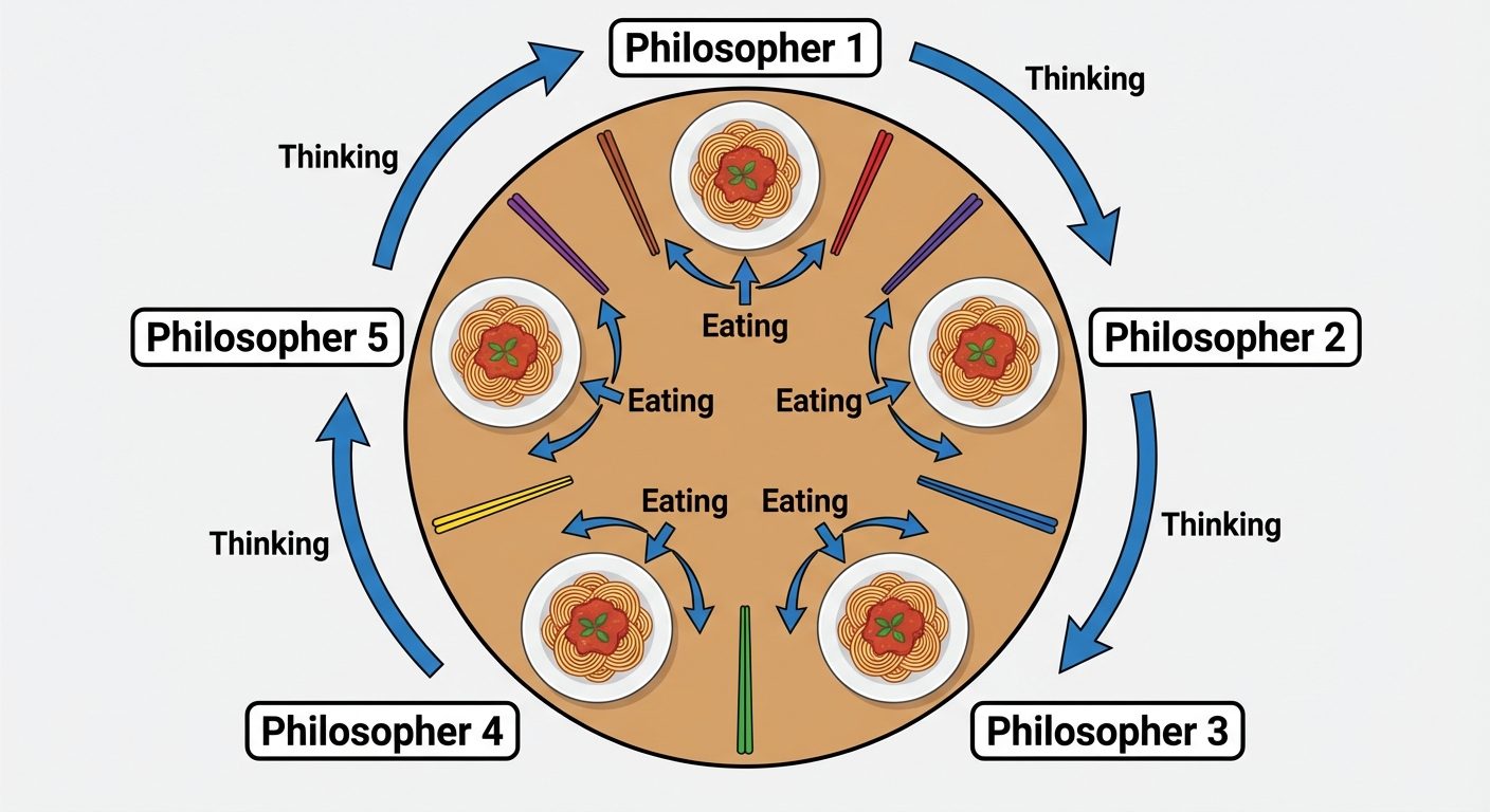 An illustration of the Dining Philosophers Problem. Show a round wooden table viewed from directly a...