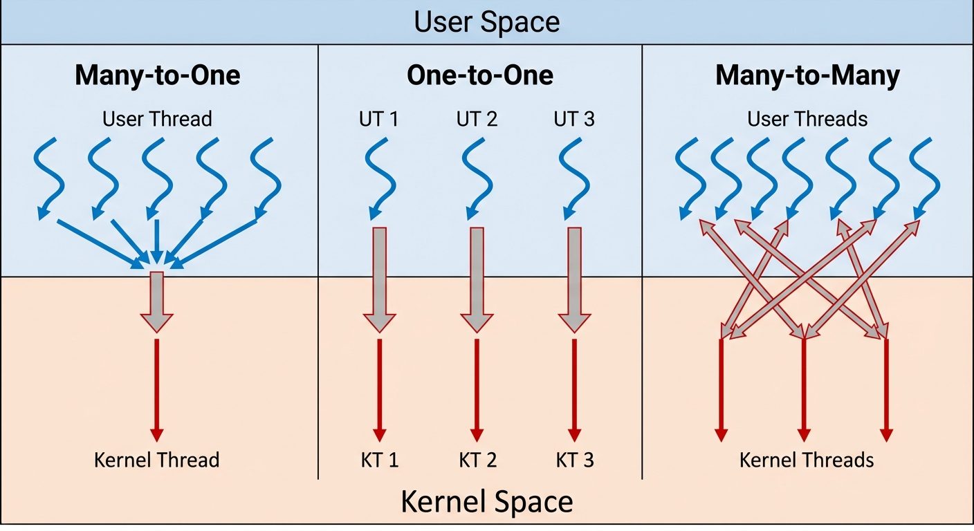 A comparative diagram showing the three Multithreading Models side-by-side. 
Panel 1 (Left): 'Many-t...