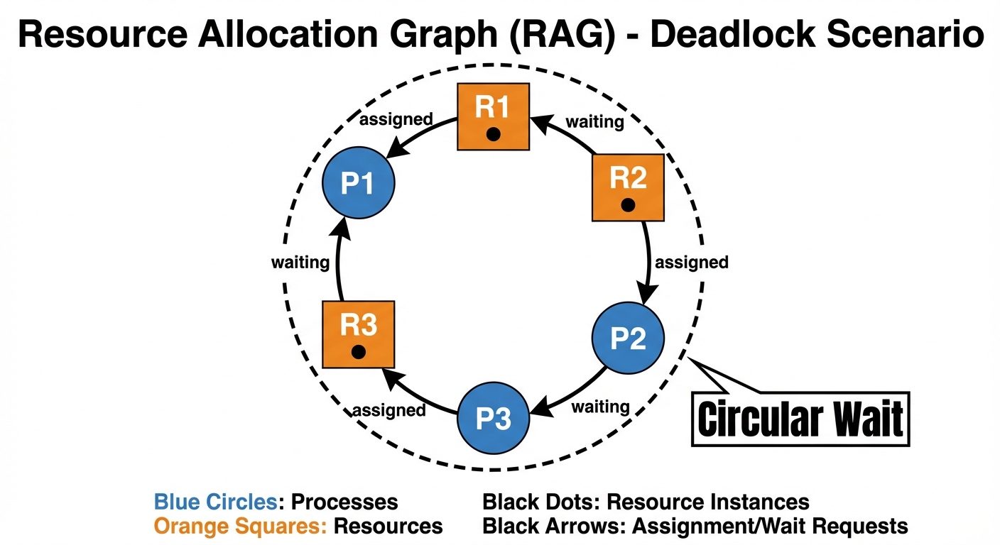 A detailed Resource Allocation Graph (RAG) illustrating a deadlock scenario. The diagram should incl...
