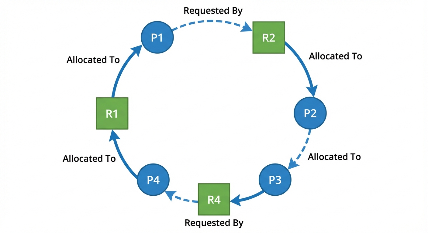 A clear diagram illustrating the 'Circular Wait' condition in a deadlock. Visualise four processes (...