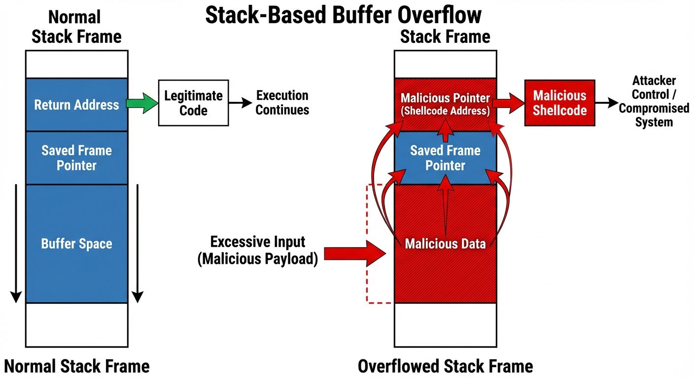 A diagram illustrating a Stack-Based Buffer Overflow attack. The diagram should show a vertical memo...