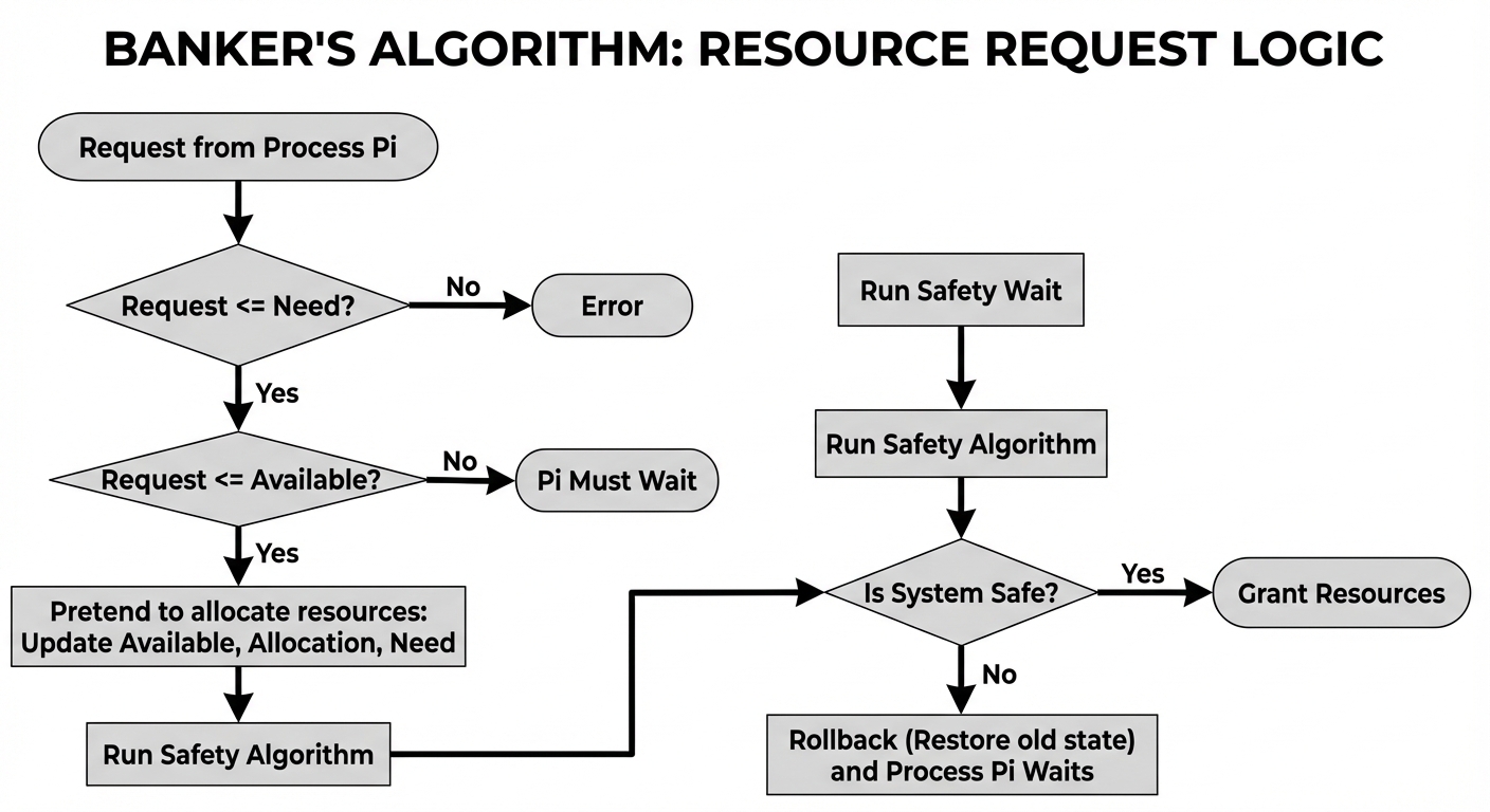 A detailed flowchart illustrating the Banker's Algorithm logic for Resource Request. Start node "Req...