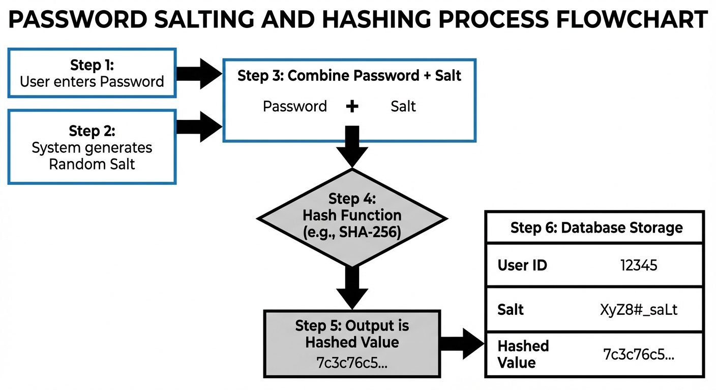 A flowchart diagram showing the process of Salting and Hashing passwords. Step 1: "User enters Passw...