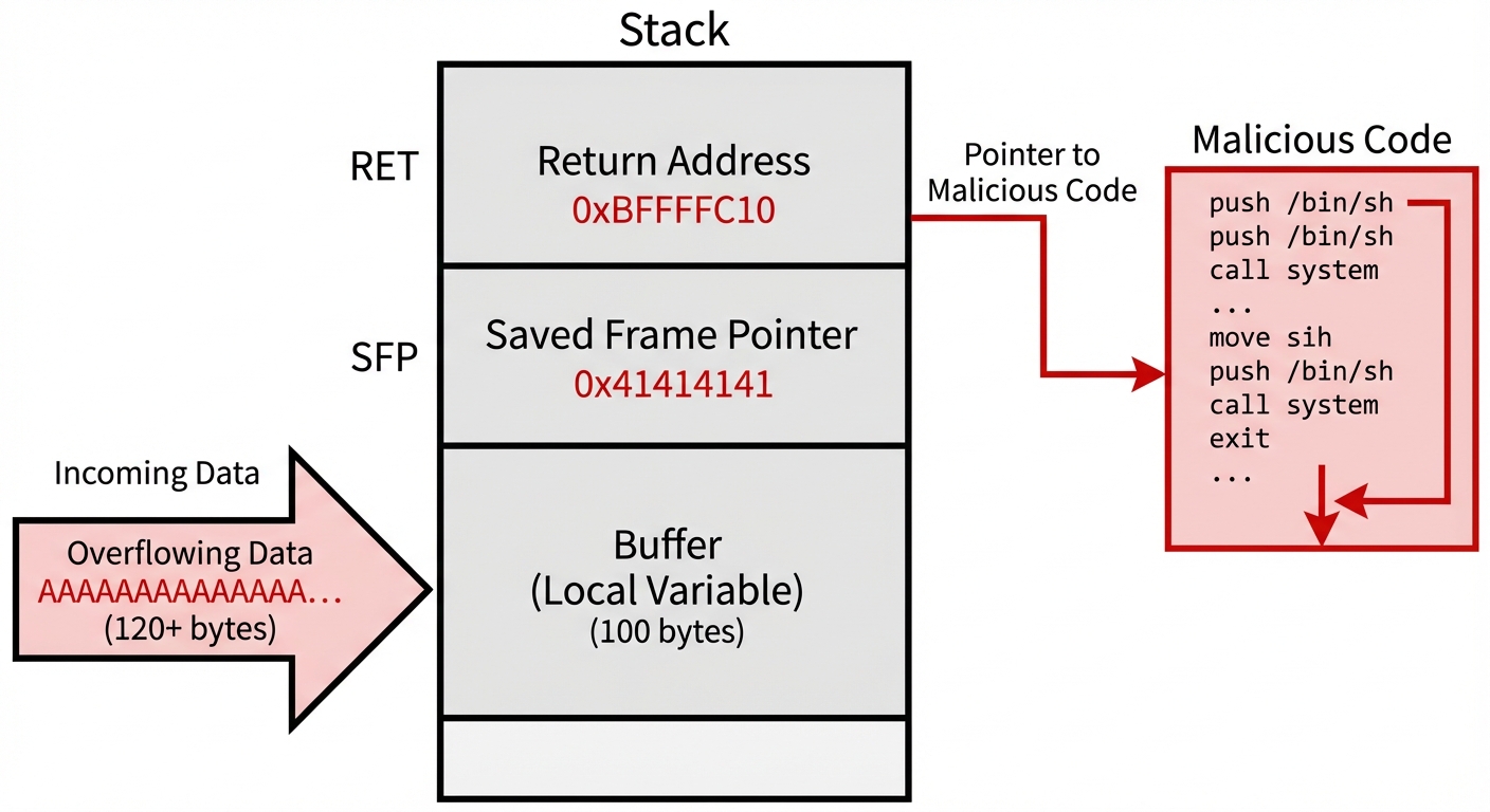 A diagram visualizing a Stack-based Buffer Overflow attack. Show a vertical memory block labeled "St...