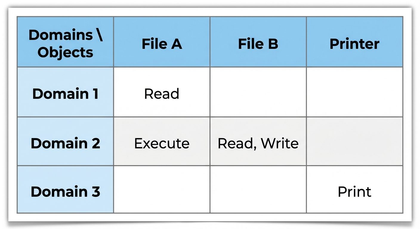 A grid/table diagram representing an Access Matrix. Rows are labeled "Domain 1", "Domain 2", "Domain...