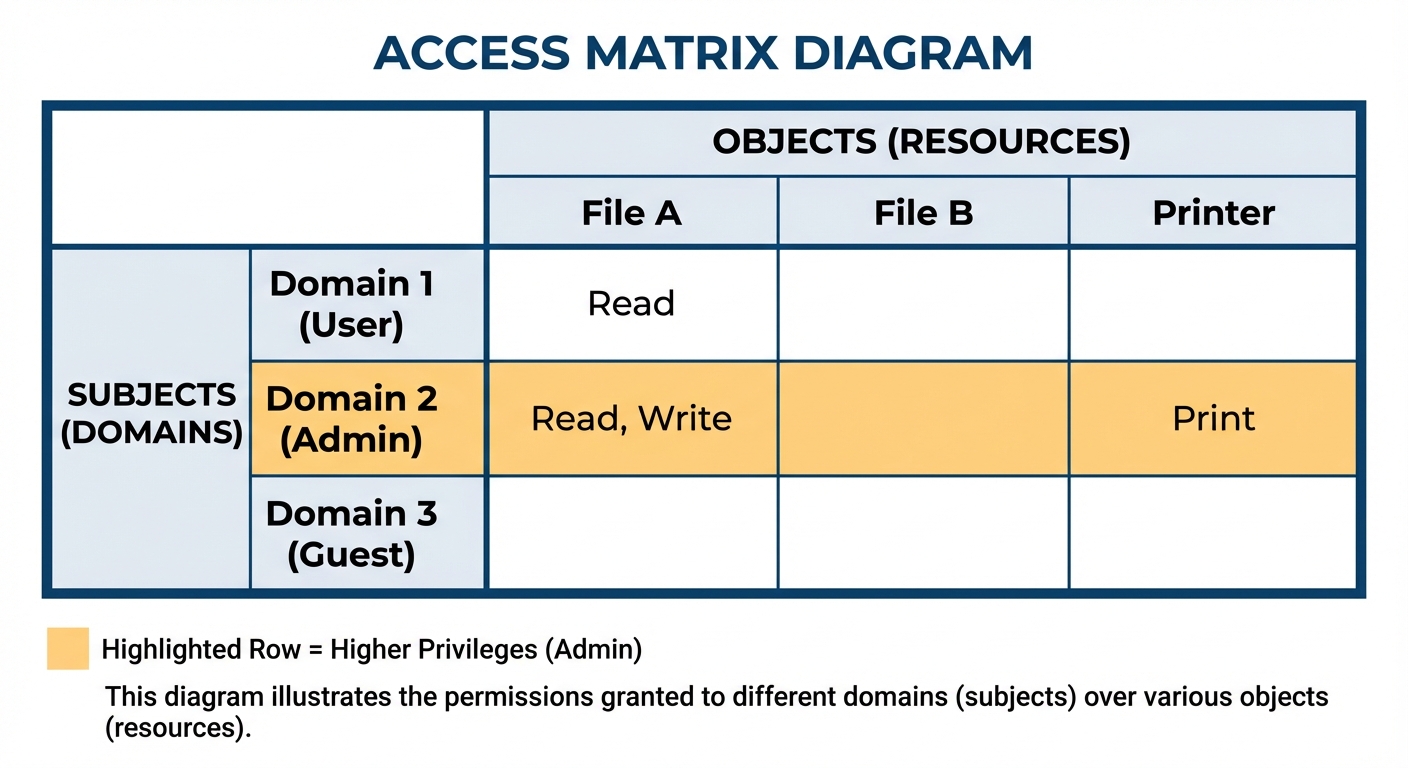 A matrix grid diagram representing an Access Matrix. Rows are labeled "Domain 1 (User)", "Domain 2 (...
