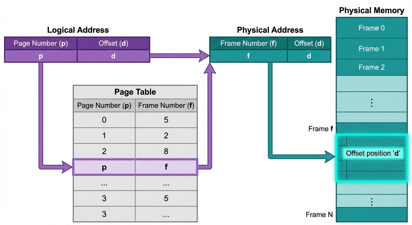 A detailed architectural diagram showing Paging Hardware translation. On the left, a "Logical Addres...