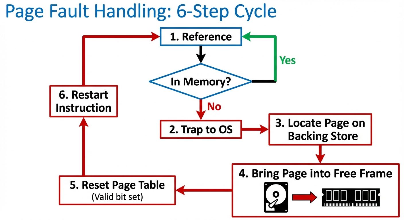 A flowchart diagram visualizing the 6 steps of handling a Page Fault. Steps should be arranged in a ...