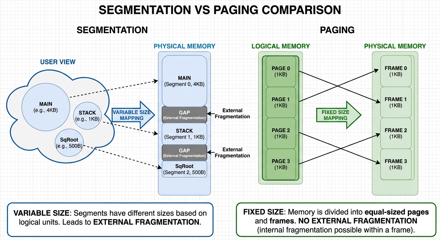 A comparison diagram illustrating "Segmentation" vs "Paging". The left side shows "Segmentation": a ...