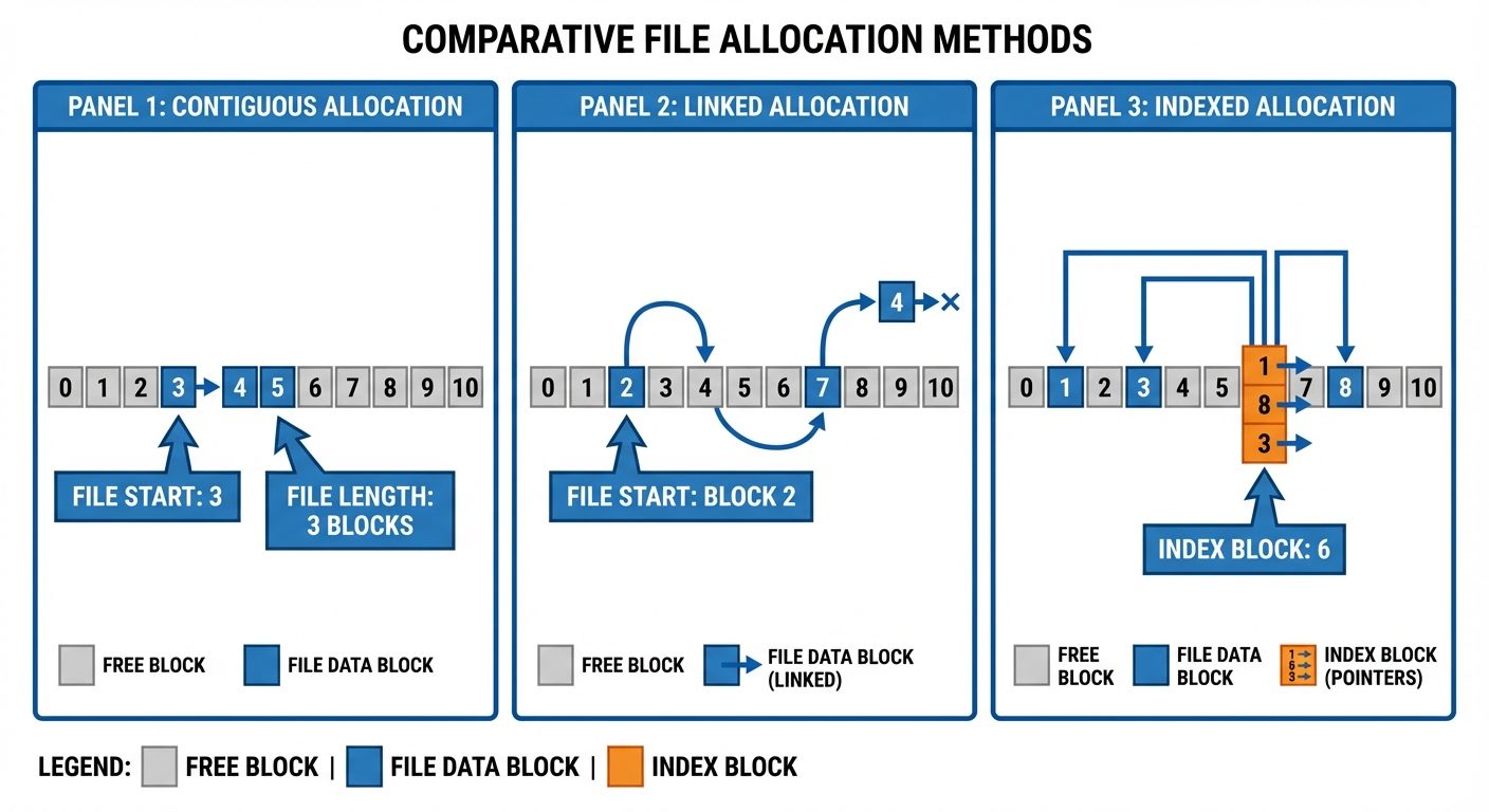 A comparative diagram illustrating three file allocation methods: Contiguous, Linked, and Indexed. T...