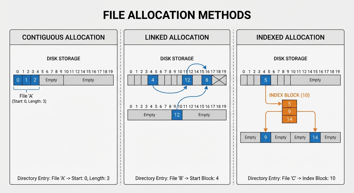 A technical diagram illustrating three File Allocation Methods side-by-side. Left section: "Contiguo...