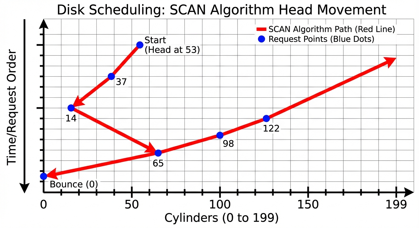 A graphical plot comparing Disk Scheduling Algorithms. The diagram should show a horizontal axis lab...