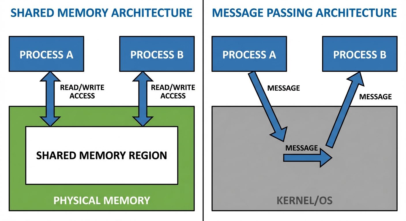 A split diagram comparing Shared Memory and Message Passing architectures. Left side (Shared Memory)...