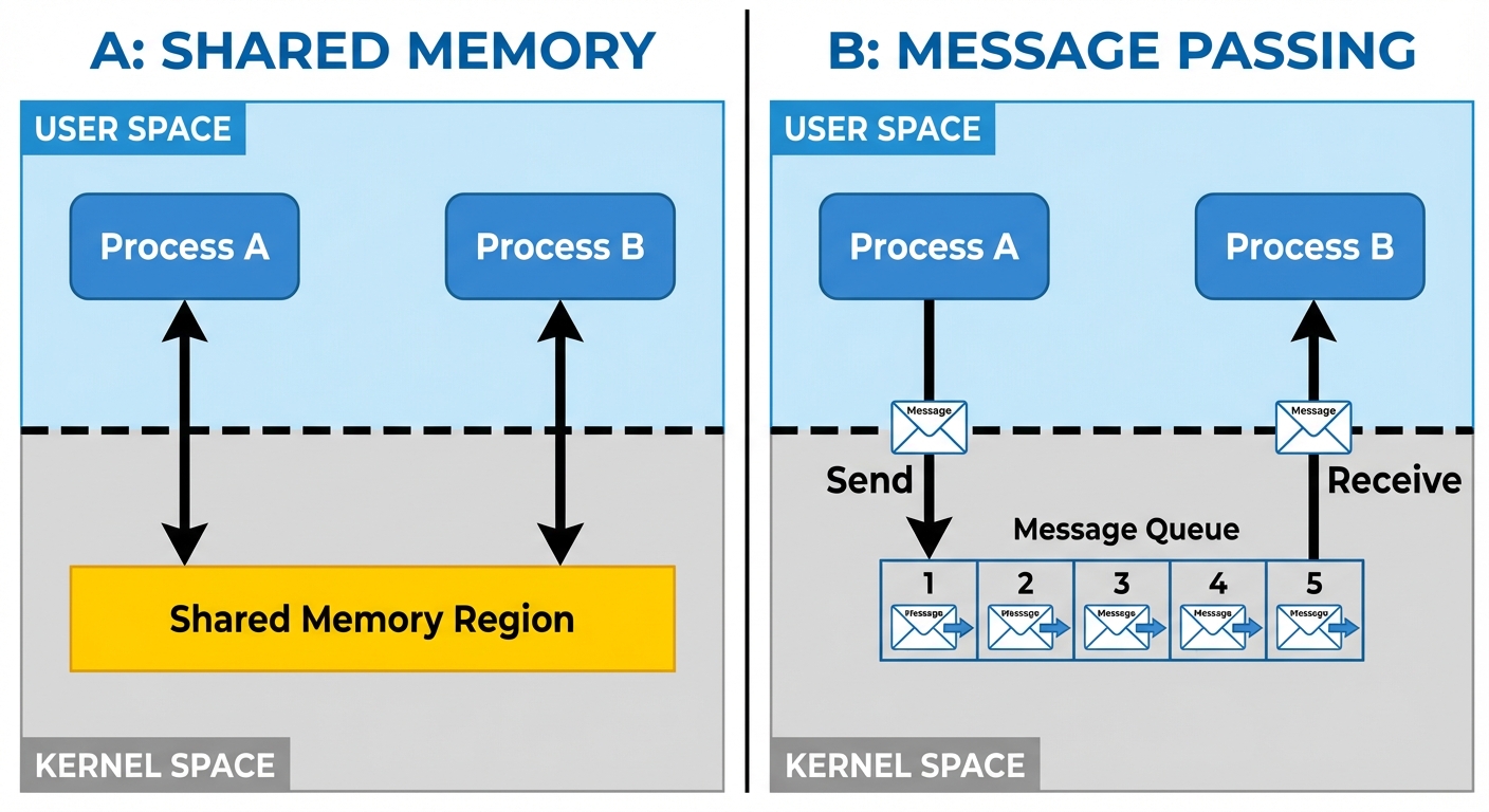 A conceptual block diagram illustrating Inter-Process Communication (IPC) models. Split the image in...
