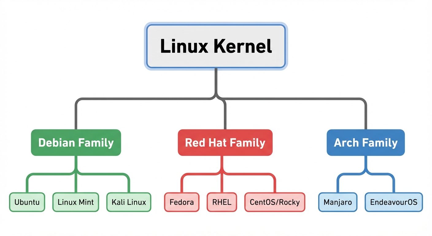 A hierarchical tree diagram illustrating the Linux Distribution Families. The central root node is l...