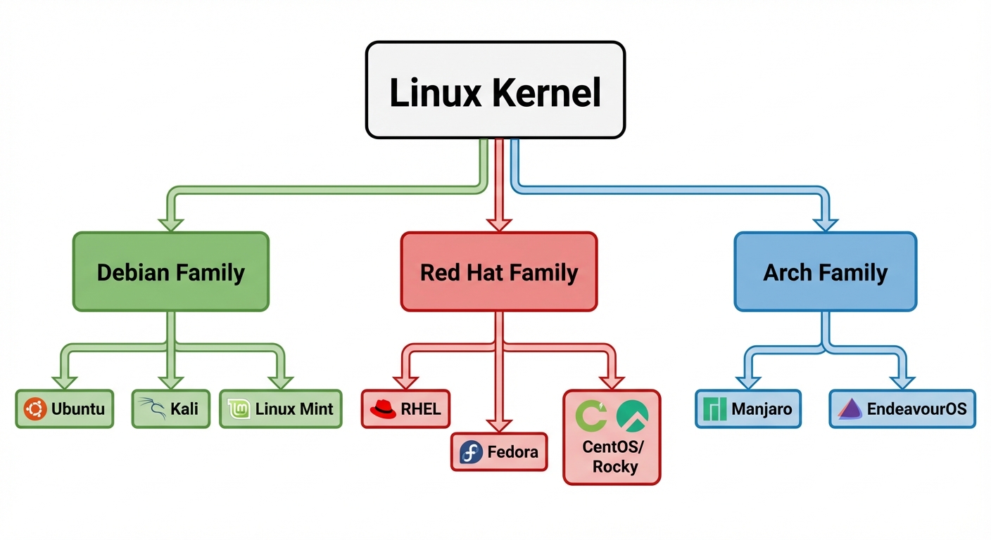 A detailed genealogical tree diagram of Linux distributions. The root node at the top is "Linux Kern...
