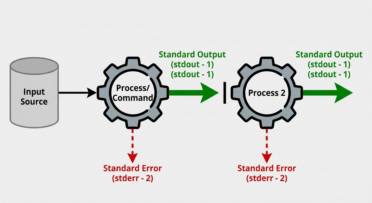 A conceptual block diagram demonstrating Linux Standard Streams and Piping. On the left, a cylinder ...