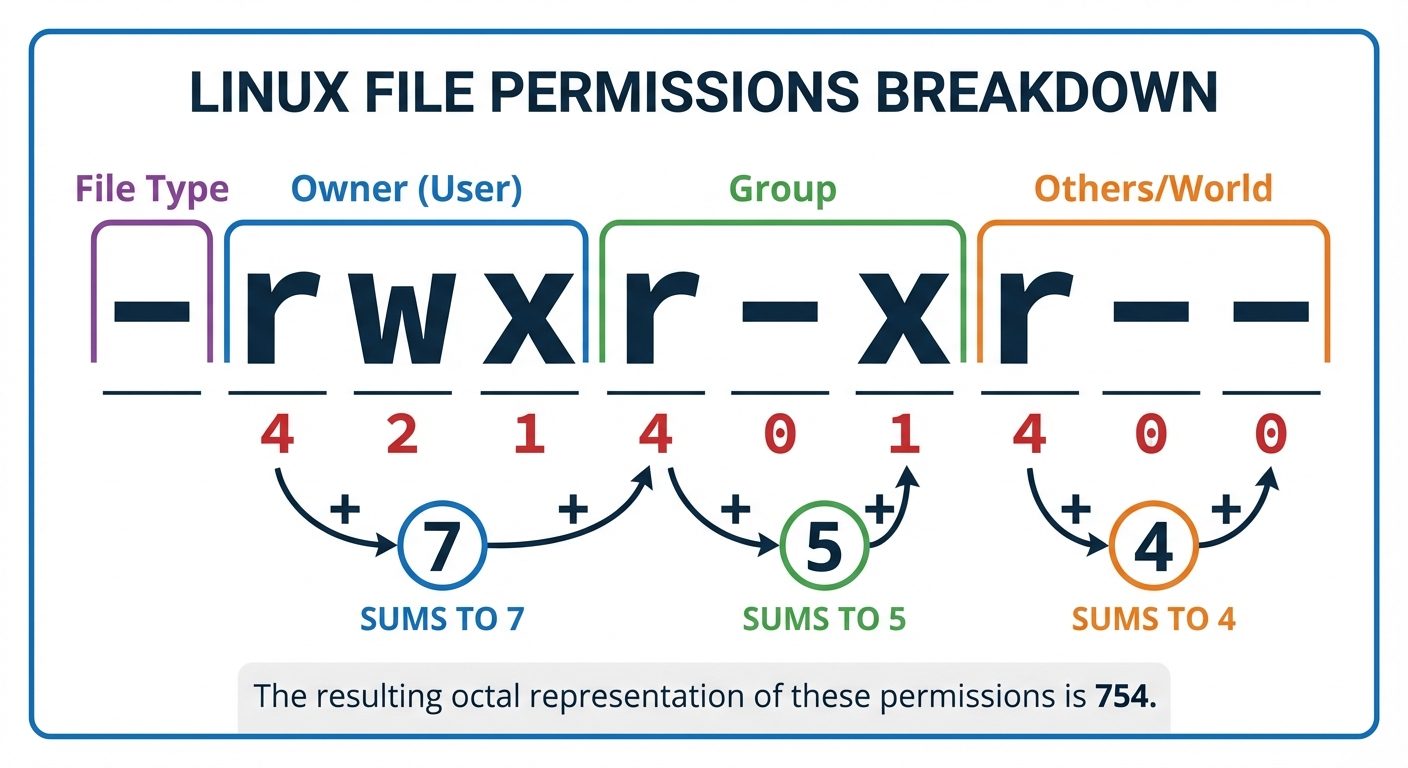 A detailed breakdown diagram of Linux File Permissions string "-rwxr-xr--". The string is large in t...