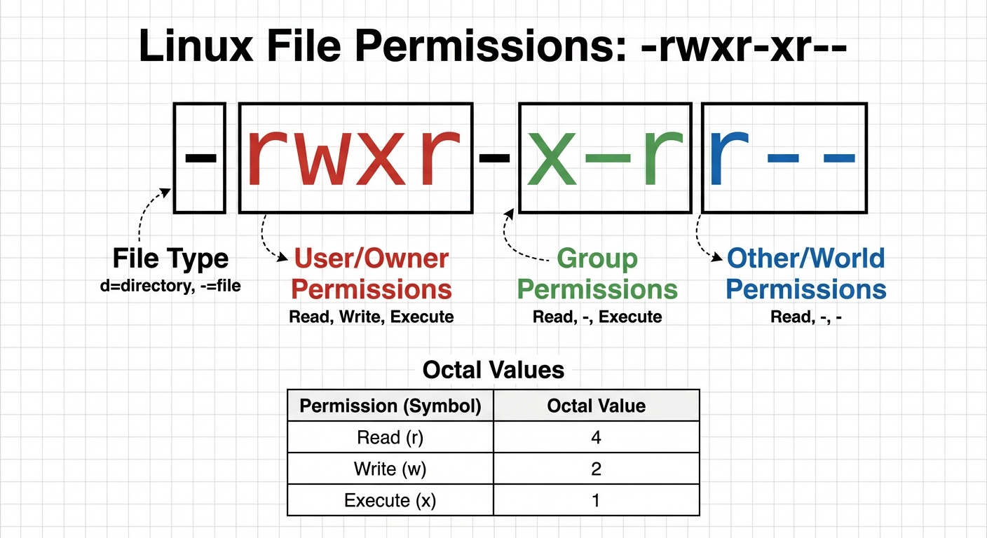 A detailed diagram explaining Linux file permissions string "-rwxr-xr--". Break the string into four...