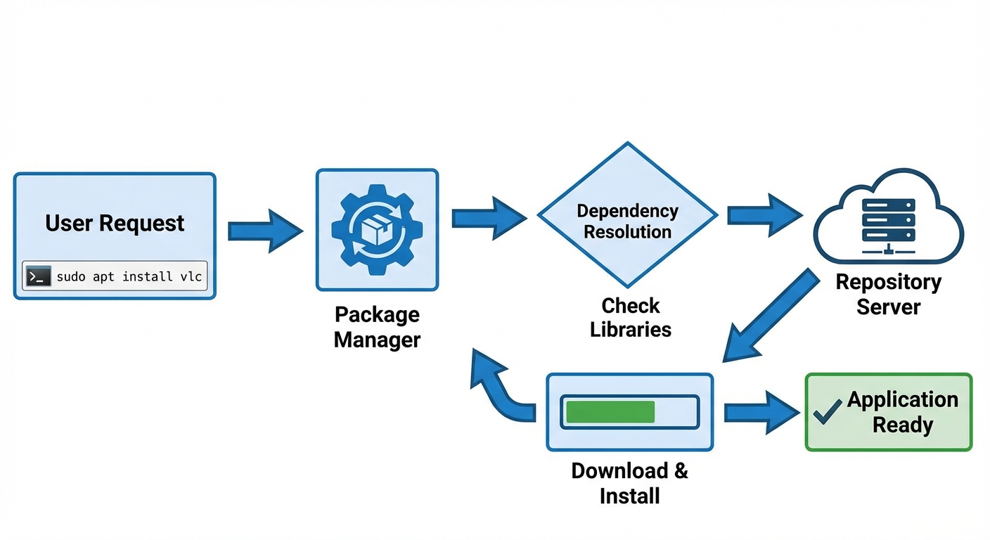 A horizontal process flowchart showing the Linux Package Management cycle. Step 1 on the left: "User...