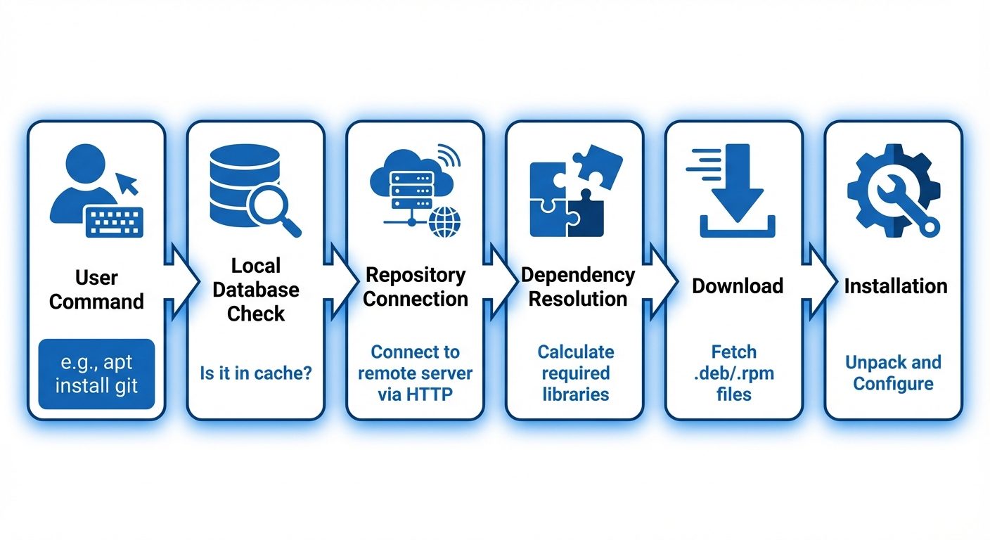 A flow diagram showing the Package Management Process. Step 1: "User Command" (e.g., apt install git...