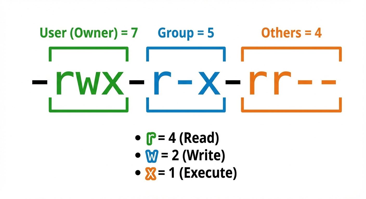 A diagram illustrating the Linux File Permission structure. The visual should show a breakdown of th...