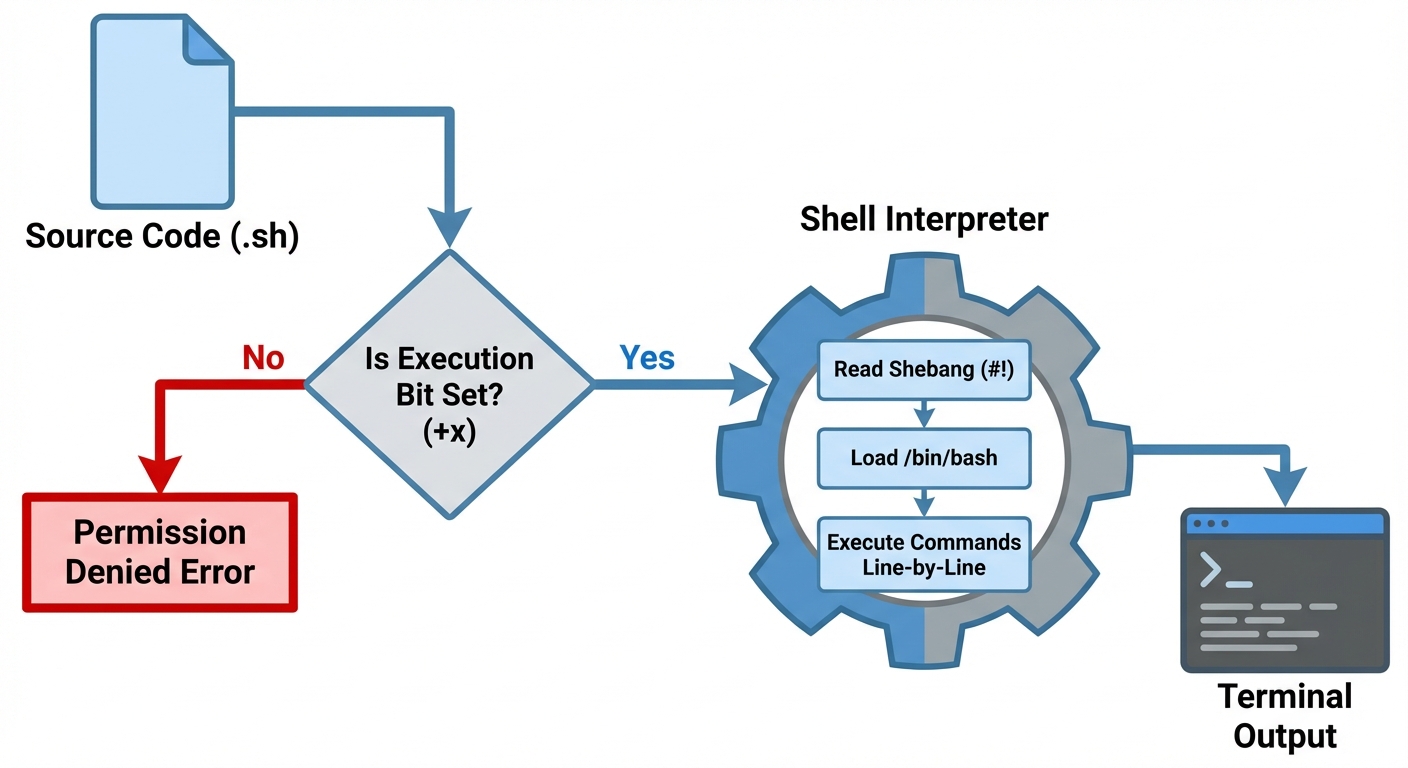 A flowchart illustrating the Shell Script Execution Process. Start with a document icon labeled "Sou...