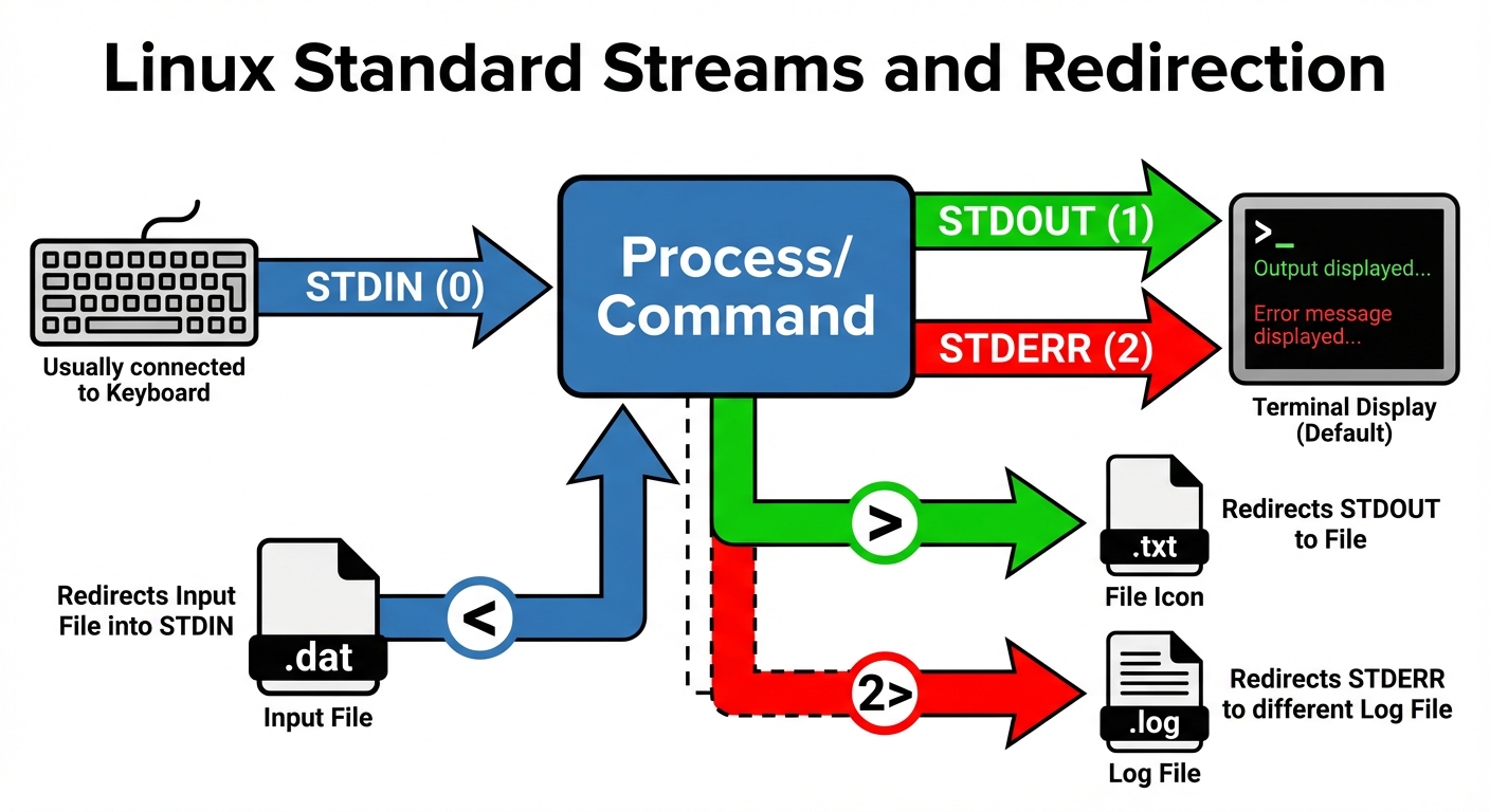 A technical diagram visualizing Linux Standard Streams and Redirection. Central block represents a "...