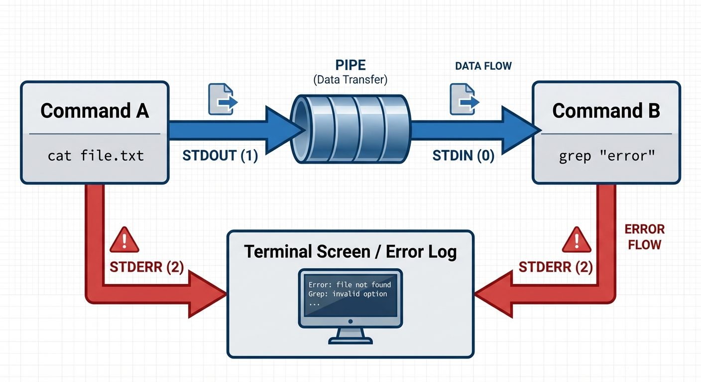 A conceptual block diagram illustrating Input/Output Redirection and Pipes. On the left, a box label...