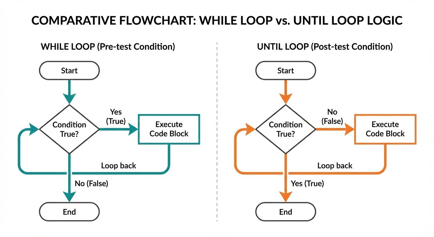 A comparative flowchart diagram showing the logic of 'While' loop vs 'Until' loop side-by-side. Left...