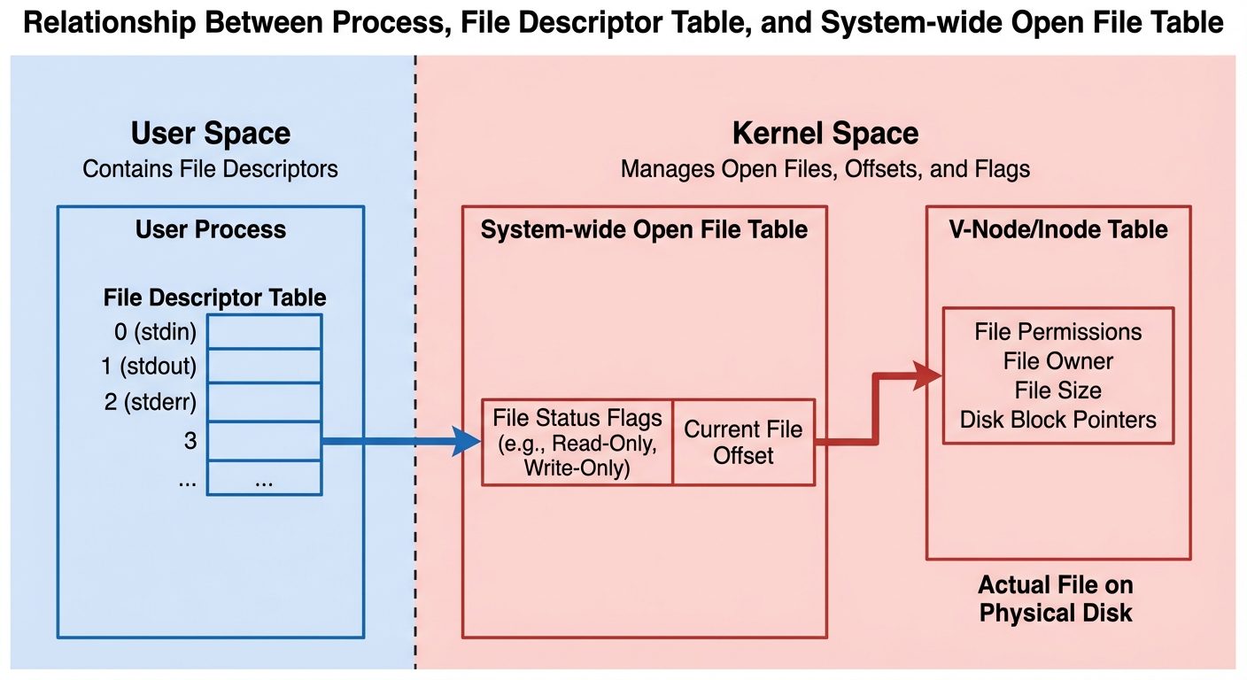 A detailed diagram illustrating the relationship between a Process, the File Descriptor Table, and t...