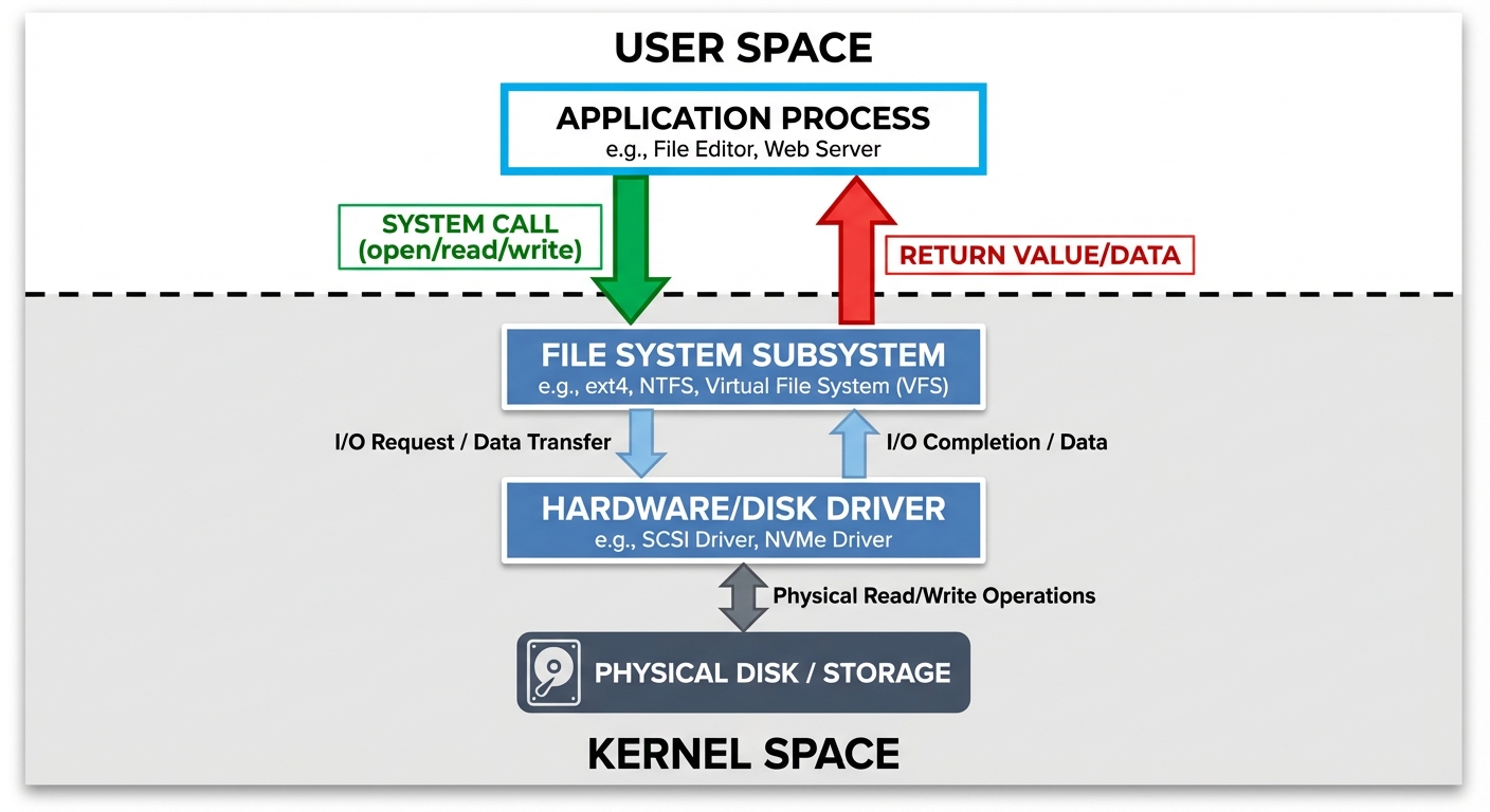 A conceptual block diagram showing the interaction between User Space and Kernel Space during a file...