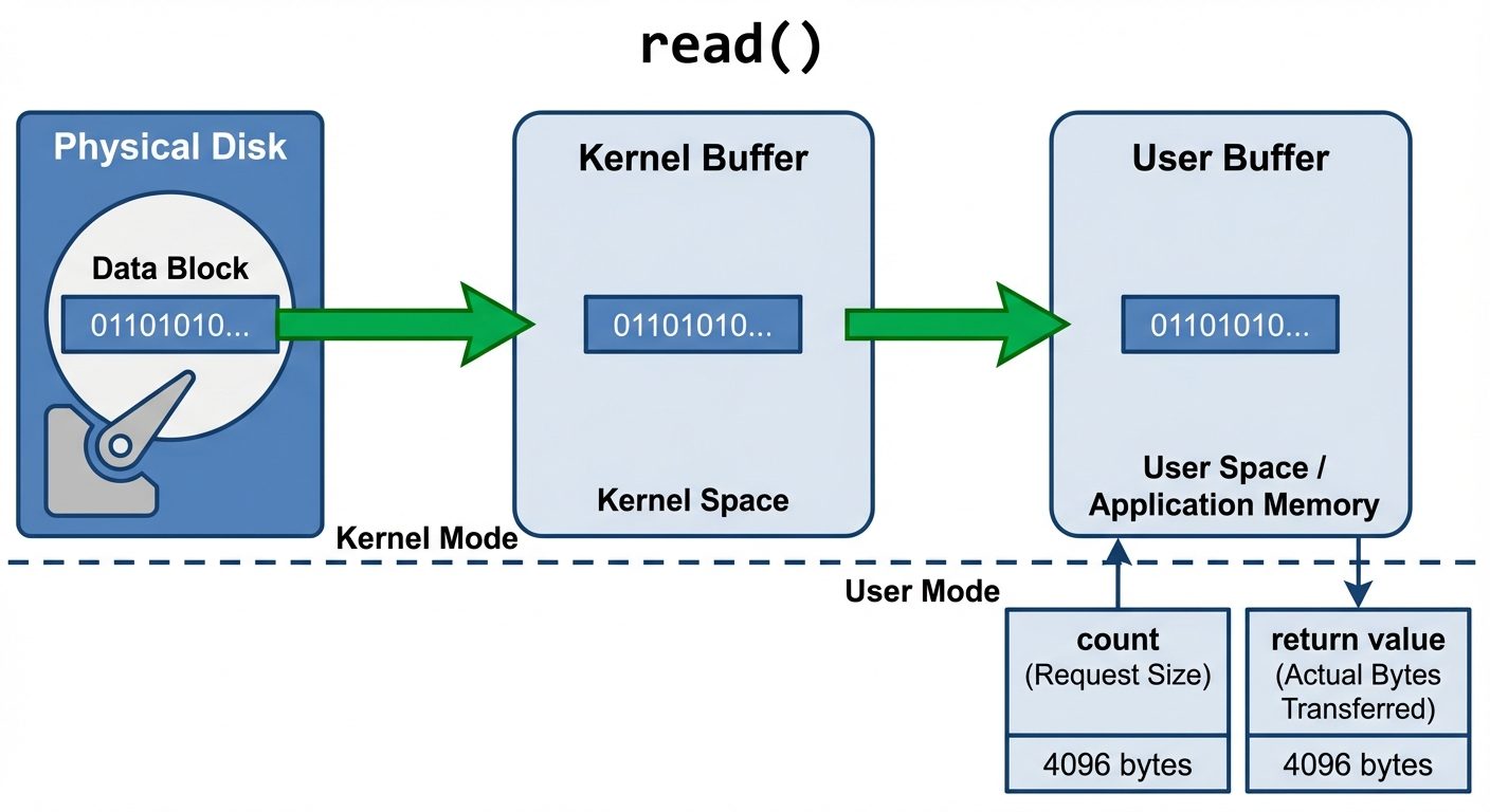 A data flow diagram illustrating the `read()` operation. Left side shows "Physical Disk" with a data...