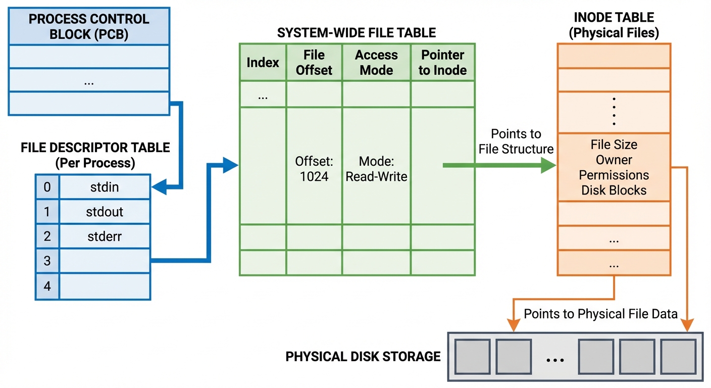 A detailed diagram of the Process Control Block (PCB) linking to the File Descriptor Table. On the l...