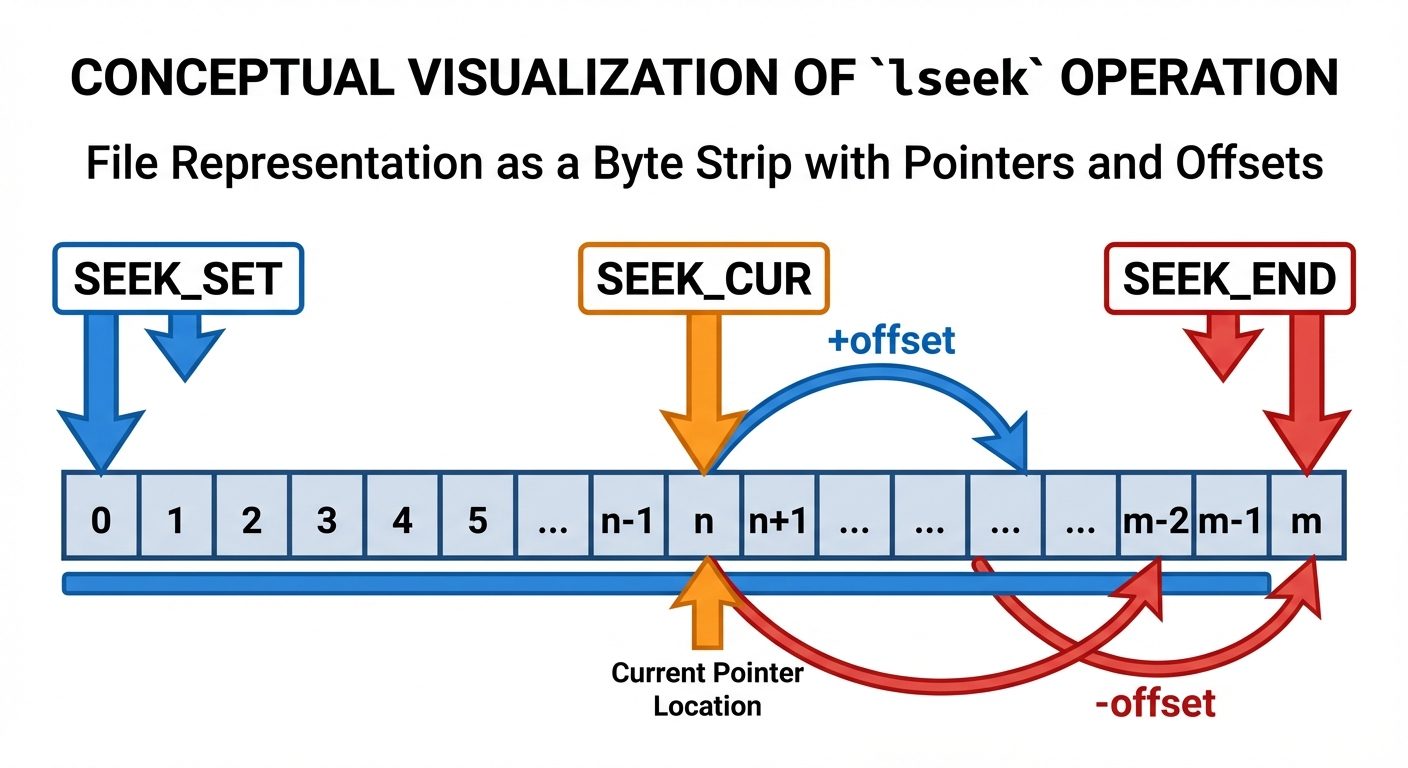 A conceptual visualization of the `lseek` operation. The file is represented as a long, horizontal t...