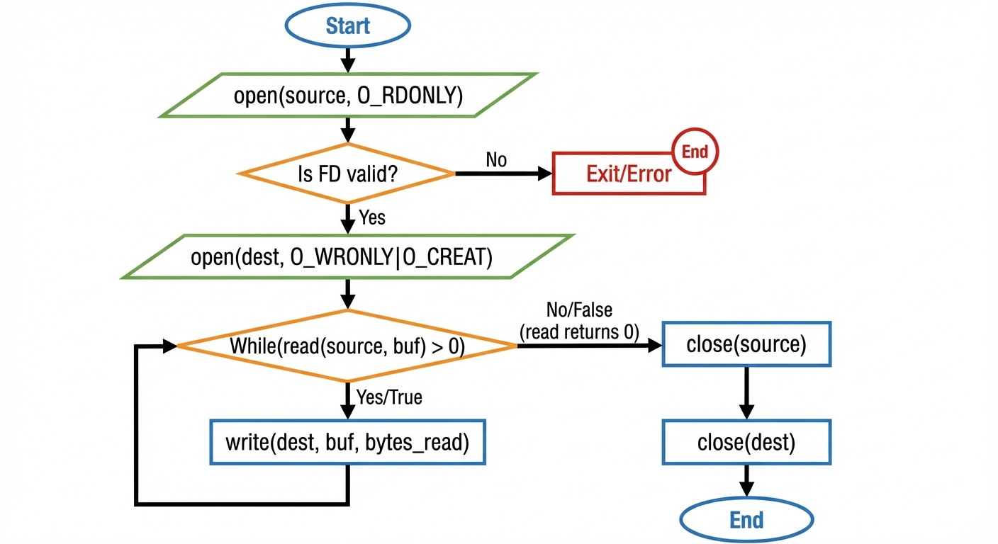 A flowchart diagram depicting the logic of a file copy program using read() and write(). Start node ...