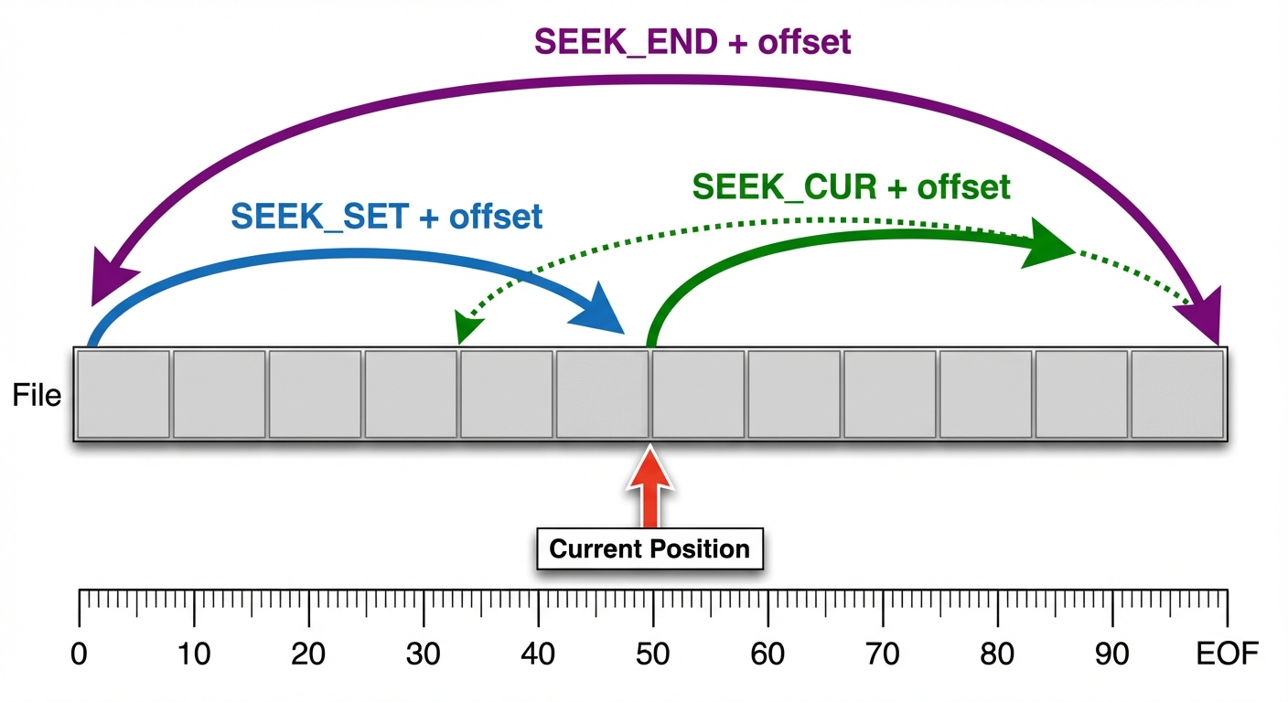 A visual diagram illustrating the `lseek` directive options. A horizontal bar represents a File, div...