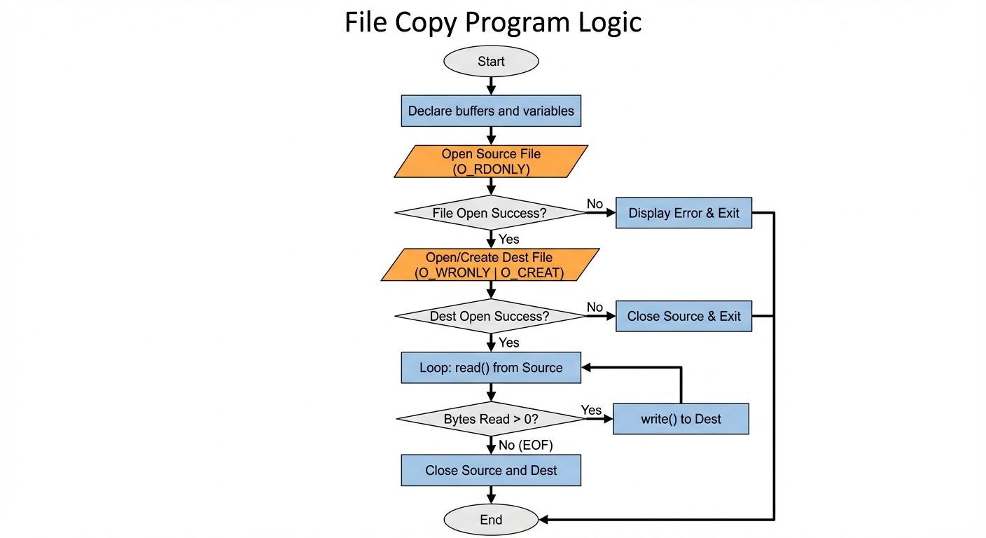 A flowchart showing the logic of a File Copy program. Top oval: "Start". Rectangle: "Declare buffers...