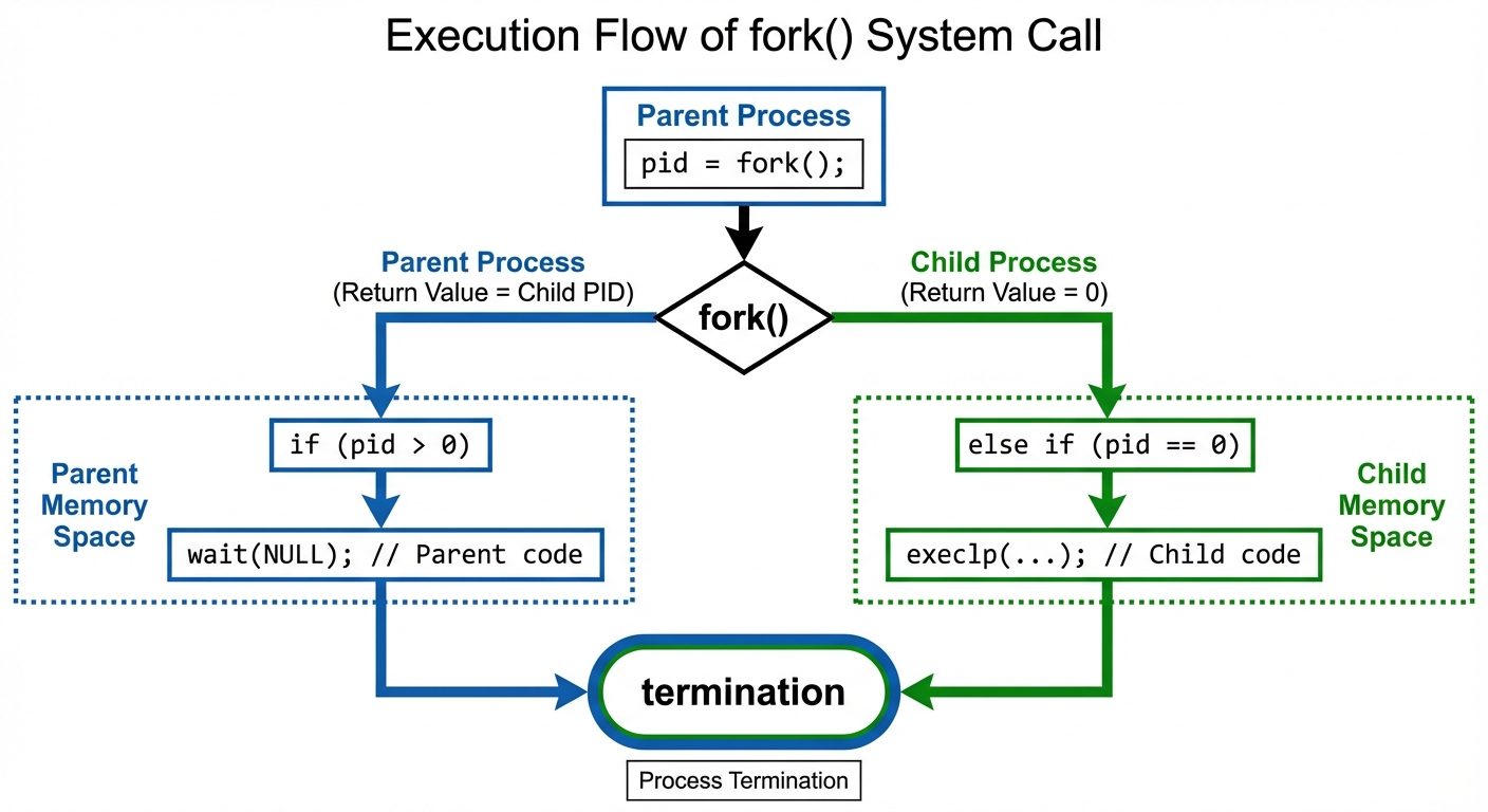 A flowchart diagram illustrating the execution flow of the fork() system call. The diagram starts wi...