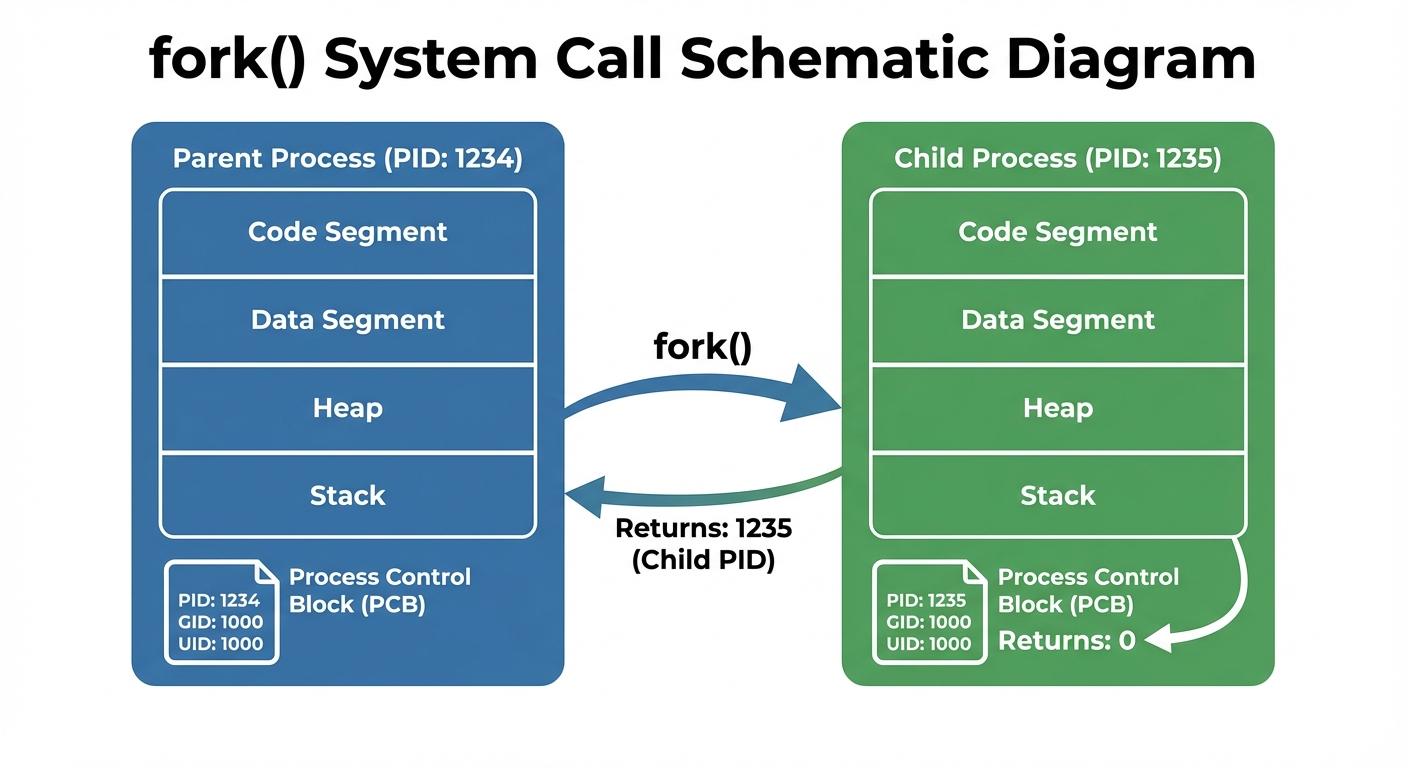 A detailed schematic diagram illustrating the `fork()` system call. The diagram should show a centra...