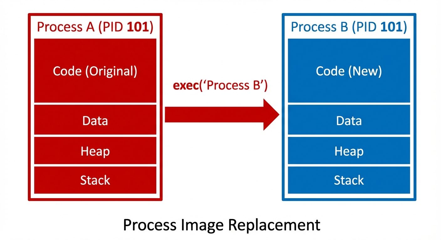 A conceptual diagram showing memory layout transformation during an exec() call. On the left, a rect...